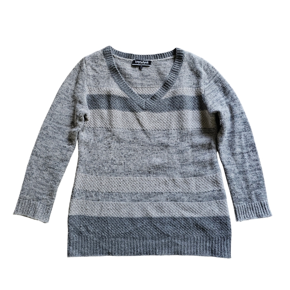 Knyt & Lynk Womens Cashmere sweater gray beige striped V‎ Neck Small soft
